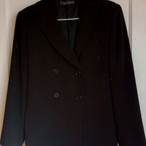 Tahari black double-breasted long, hip-length blazer, petite, size 8